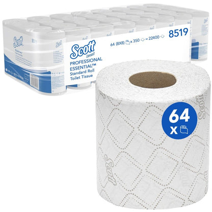 The Scott® Essential™ toilet paper from Kimberly-Clark GmbH contains 8 packs of 8 small rolls each, totaling 64 rolls with 350 sheets per roll. One roll is depicted on the front, and the packaging highlights the branding and quantity information.
