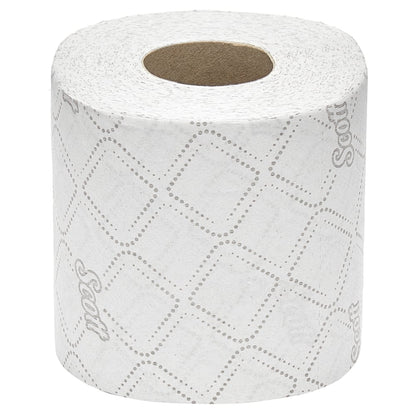 A Scott® Essential™ toilet paper small rolls box from Kimberly-Clark GmbH contains 8 packs of 8 white small rolls with 350 sheets per roll each, depicted on a white background.
