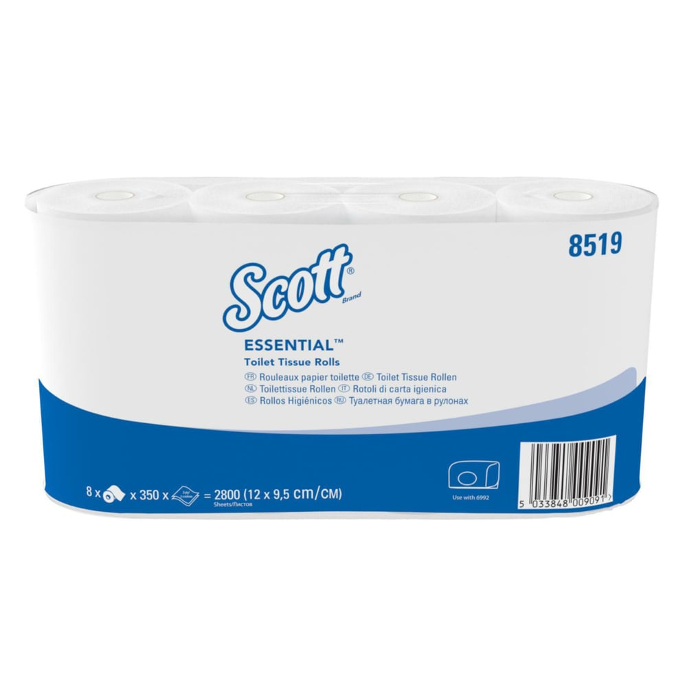 Scott® Essential™ toilet paper from Kimberly-Clark GmbH: 8 packs of 8 small rolls with 350 sheets each, totaling 64 rolls (22,400 sheets) per carton - for reliable hygiene in everyday life.