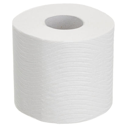 A single unused Kleenex® toilet paper roll from Kimberly-Clark GmbH stands upright on a plain white background, showing its subtle wave pattern. It is part of an 8-pack, each with 9 small rolls and 195 sheets per roll.