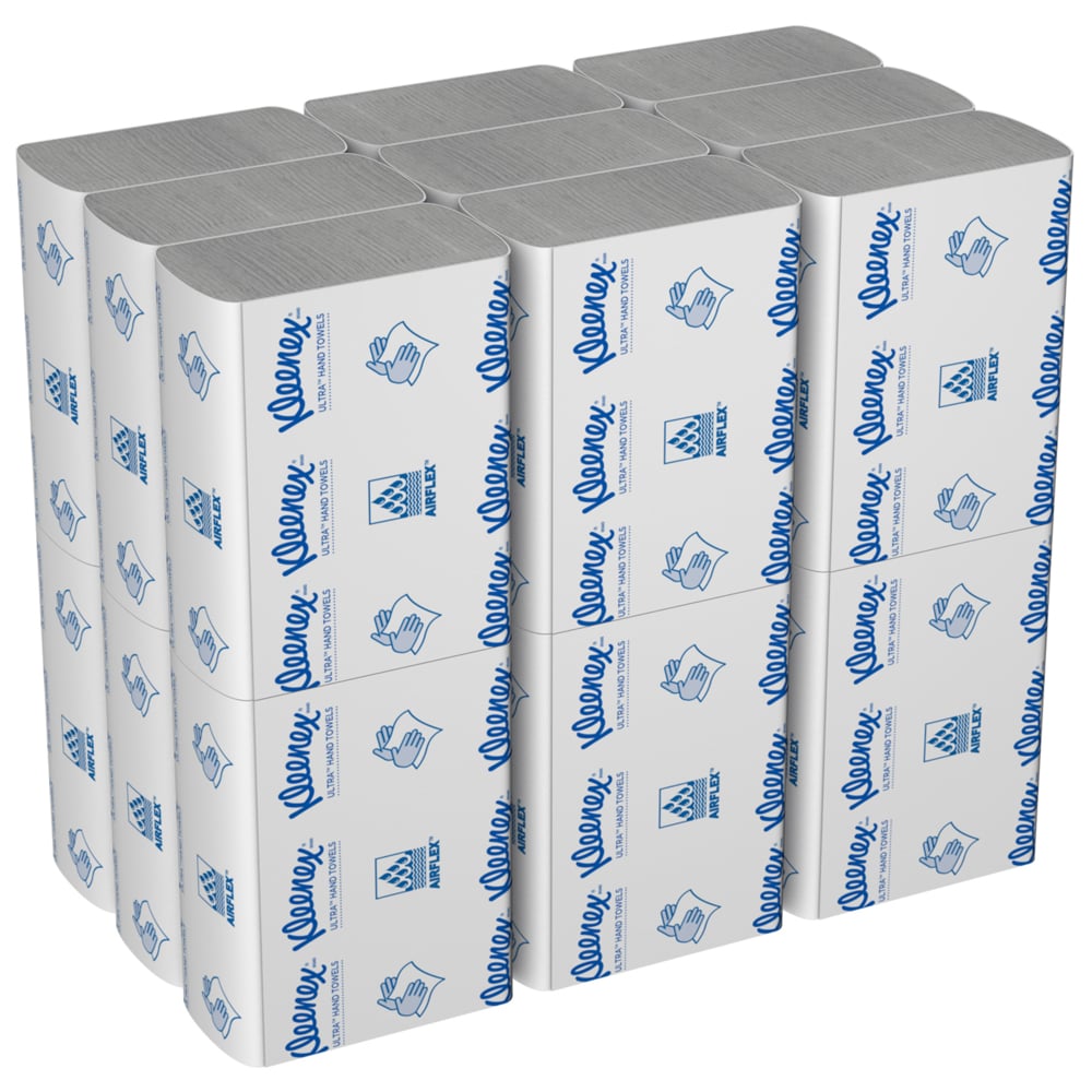 A box of Kleenex® Ultra™ Hand Towels from Kimberly-Clark GmbH contains 18 white MultiFold packs of 150 sheets each with blue texts and symbols on the packaging.