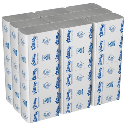 A box of Kleenex® Ultra™ Hand Towels from Kimberly-Clark GmbH contains 18 white MultiFold packs of 150 sheets each with blue texts and symbols on the packaging.