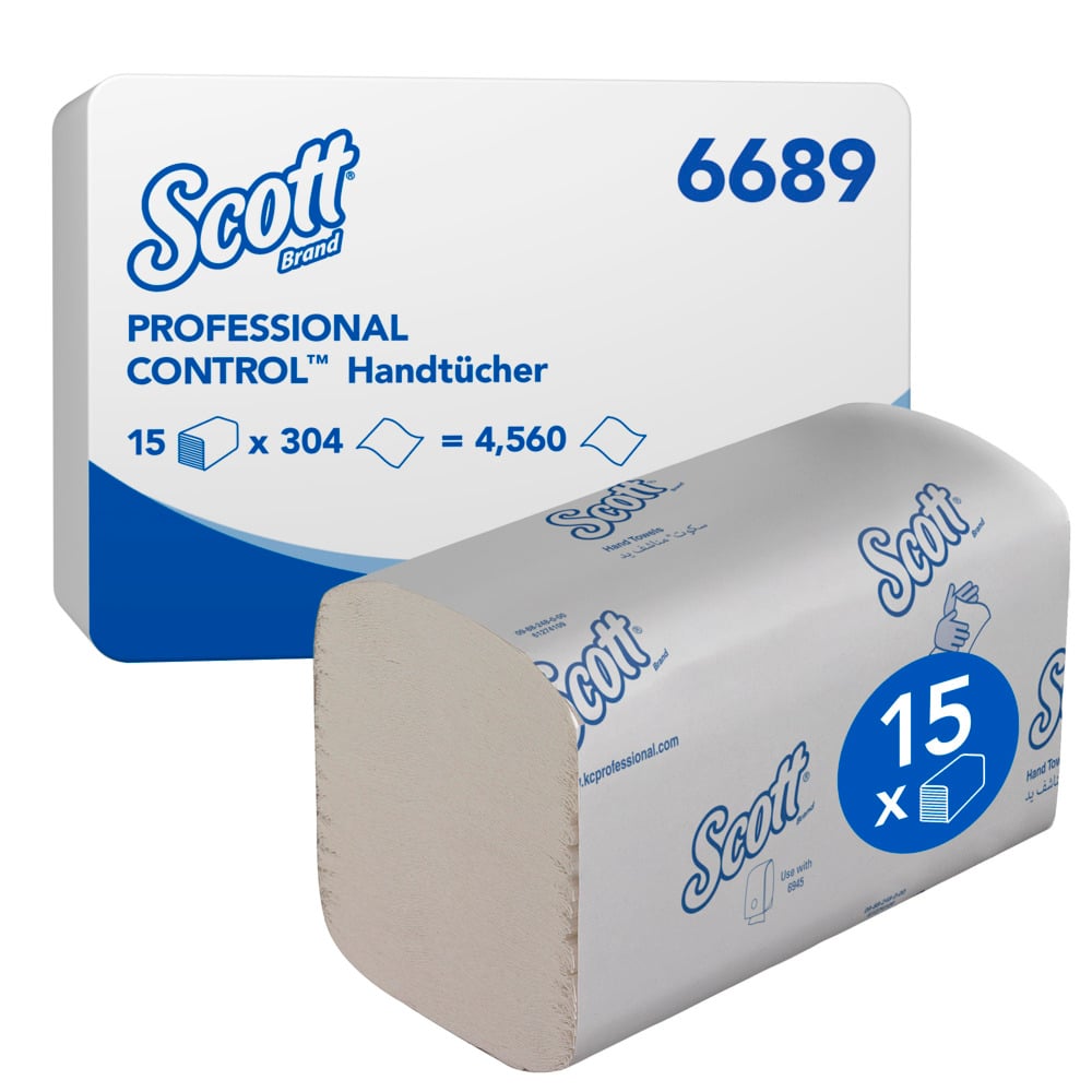 A carton of Scott® Control™ Interfold Hand Towels from Kimberly-Clark GmbH, White, 15 clips x 304 sheets (4,560 total), comes in a white-blue package labeled "6689" for efficient hand drying.