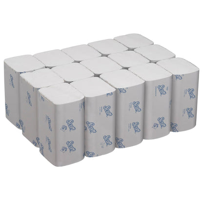 A stack of individually wrapped Scott® Control™ Interfold Hand Towels from Kimberly-Clark GmbH (white, small, 15 x 304 sheets) in a carton - ideal for hand drying or use with interfold towels.
