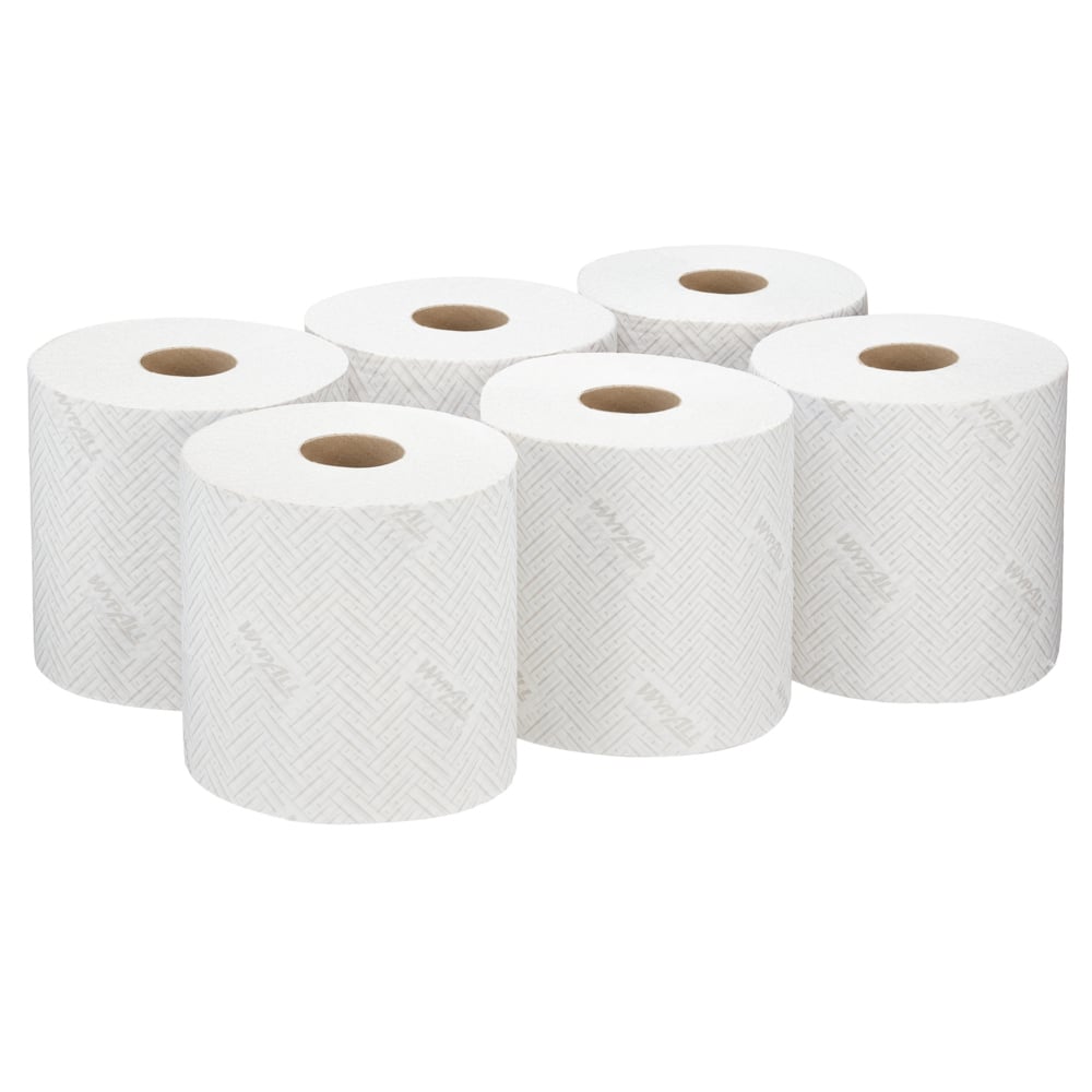 Sechs WypAll® L10 Papierwischtuch-Rollen von Kimberly-Clark GmbH, jede weiß mit 630 Blatt, sind sauber angeordnet - ideal für Lebensmittel und Hygiene. Zentrumsgeführte Ausführung. Wird als 6 Rollen pro Karton geliefert.