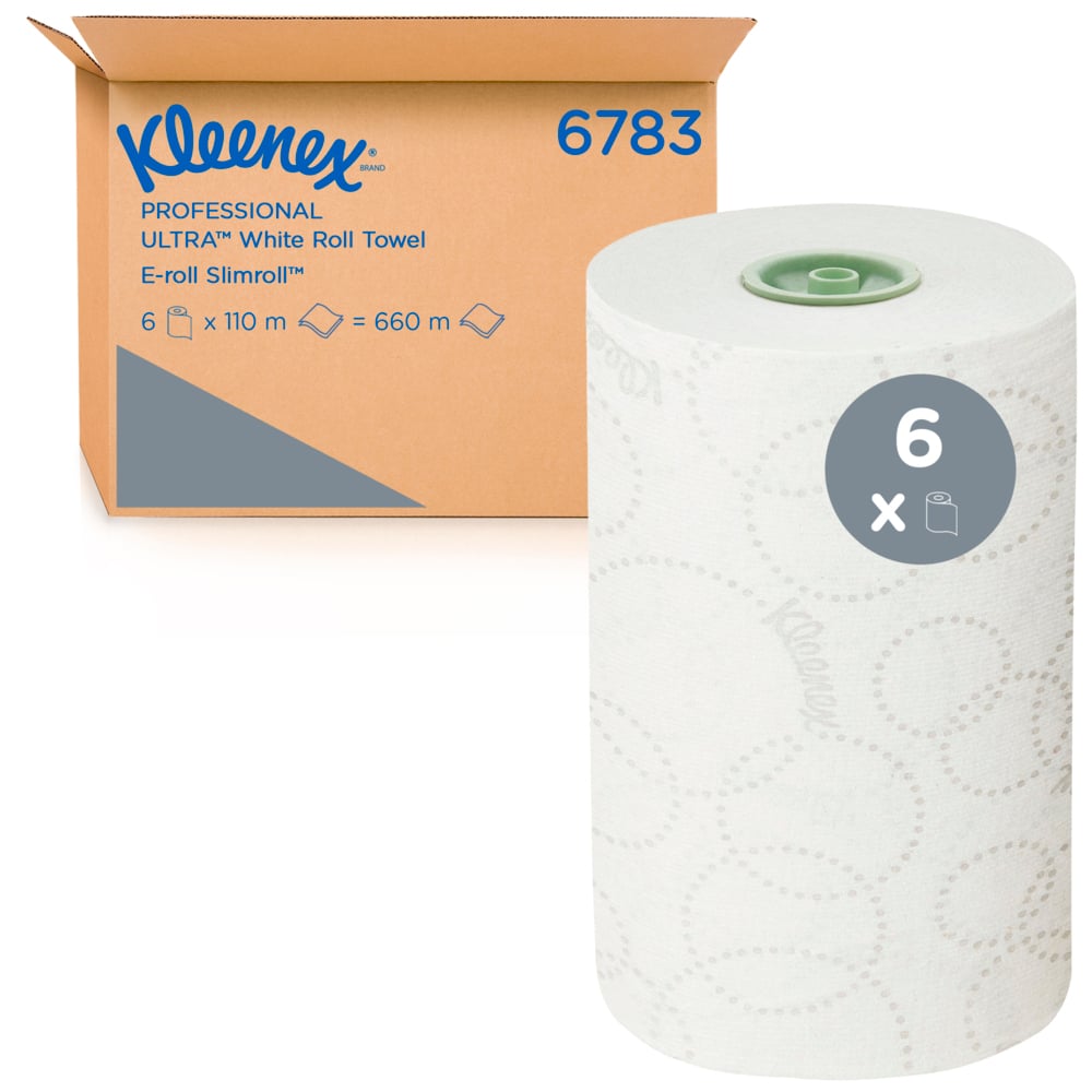 A box labeled "Kleenex® Ultra™ Roll Towels - E-roll Slimroll™" from Kimberly-Clark GmbH, with a large 2-ply roll on the front. The box contains 6 white rolls (each 110 m), totaling 660 m per box (6 rolls).