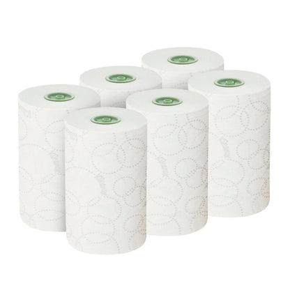 Six white Kleenex® Ultra™ E-roll Slimroll™ 2-ply towel rolls from Kimberly-Clark are arranged in two rows of three, each with a subtle circular pattern and a green center marking, against a plain white background.