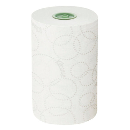 A white Kleenex® Ultra™ E-roll Slimroll™ 2-ply paper towel roll from Kimberly-Clark GmbH stands upright on a solid color background with a faint dotted circle pattern and a green plastic core. 6x110m rolls per box.