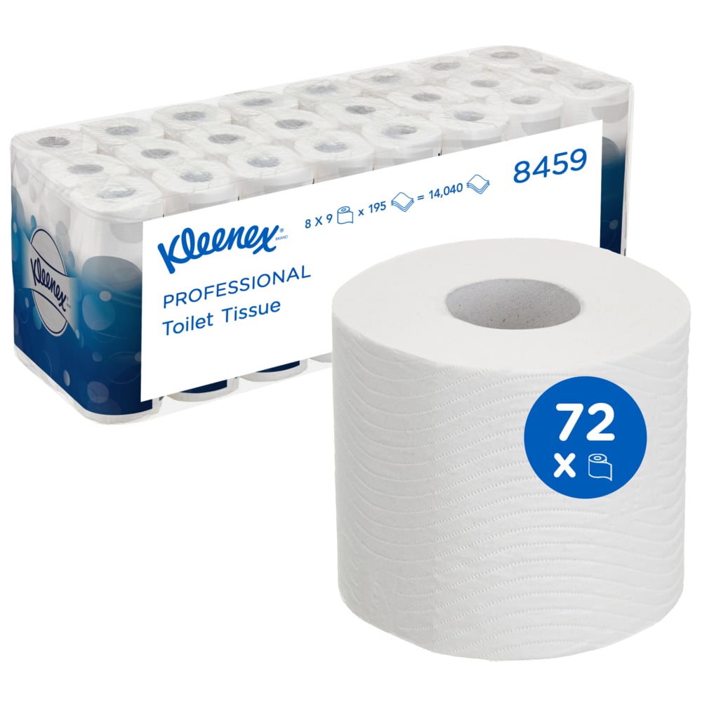 A large pack of Kleenex® toilet paper rolls from Kimberly-Clark GmbH (8 packs x 9 small white rolls, each with 195 sheets) is shown along with a close-up of a single roll in front of the packaging.