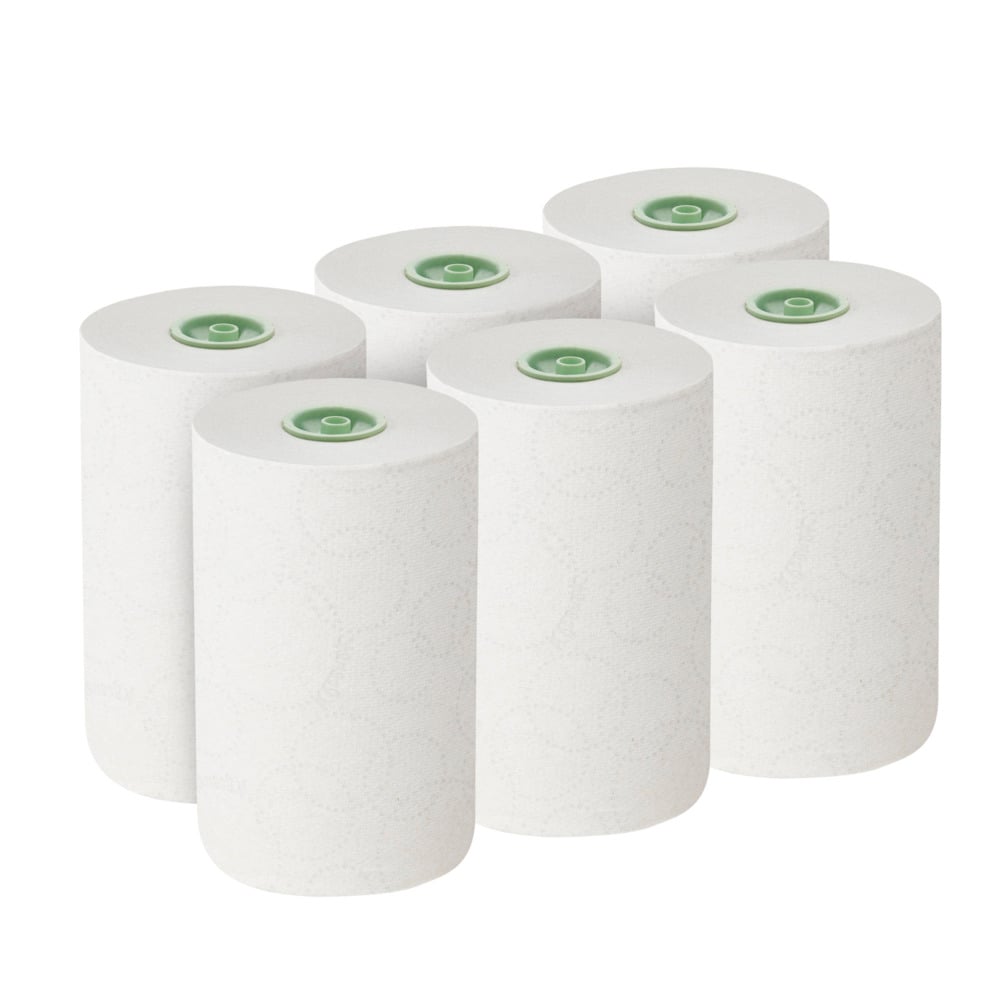 Six Kimberly-Clark Kleenex® E-roll Slimroll™ white 1-ply roll towels (6x135m) with green carton core are arranged in two rows of three on a plain white background.