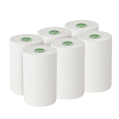 Six Kimberly-Clark Kleenex® E-roll Slimroll™ white 1-ply roll towels (6x135m) with green carton core are arranged in two rows of three on a plain white background.