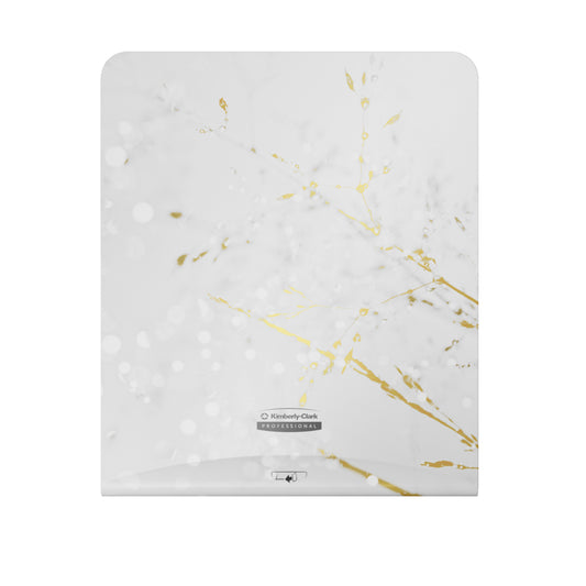Der Kimberly-Clark Professional™ Icon™ Dispenser Faceplate - eHRT von Kimberly-Clark GmbH ist ein weißer, rechteckiger Papierhandtuchspender mit einem goldfarbenen und grauen Zweigmuster - eine elegante Ergänzung für jede Waschraumzubehör-Kollektion.