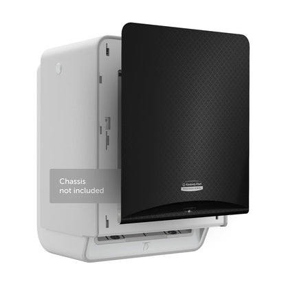 Ein Kimberly-Clark Professional™ Icon™ Dispenser Faceplate - eHRT (33,02 x 37,47 x 3,18 cm) der Kimberly-Clark GmbH ist teilweise geöffnet auf einem weißen Sockel mit der Aufschrift "Chassis nicht im Lieferumfang enthalten" abgebildet und zeigt ein dezentes, strukturiertes Muster auf weißem Hintergrund.