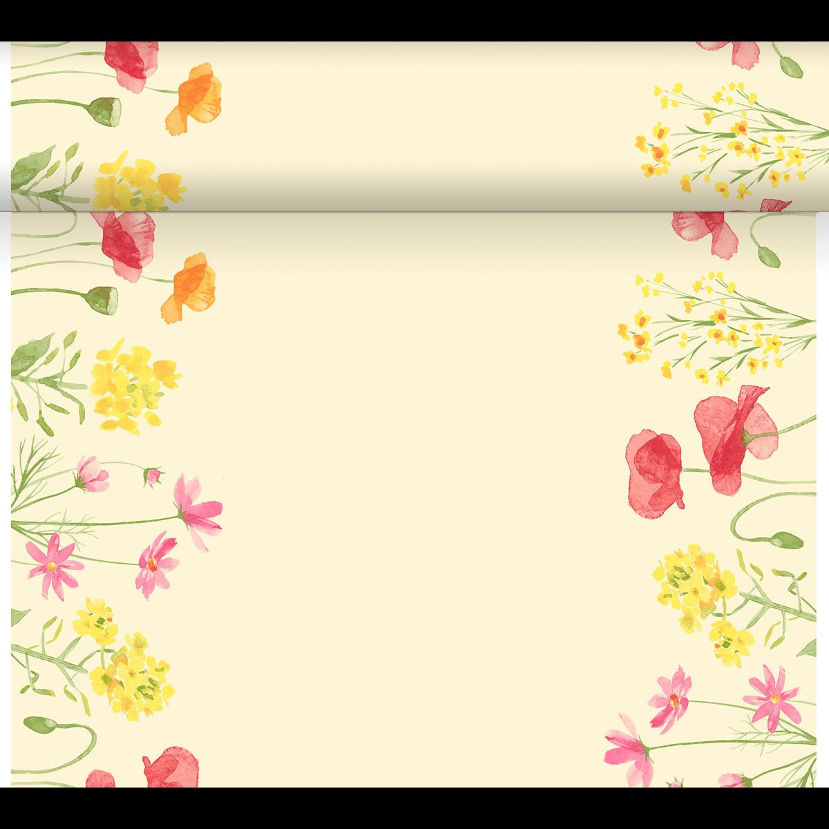 A pale yellow DC-Tete a Tete 0.4x24m by Duni GmbH is adorned with watercolor pink, yellow, and red wildflowers on the edges, reminiscent of a charming garden. The center is free for writing or drawing.