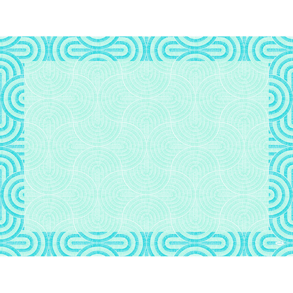 Die Duni GmbH Papier-Tischsets 30x40cm Breeze mintblau zeichnen sich durch eine zentrale mintblaue Fläche und eine geometrische Bordüre mit sich wiederholenden blauen und türkisfarbenen Kreisen aus, die einen stilvollen, symmetrischen, vom Art Deco inspirierten Look ergeben. Packung: 250 Stück.