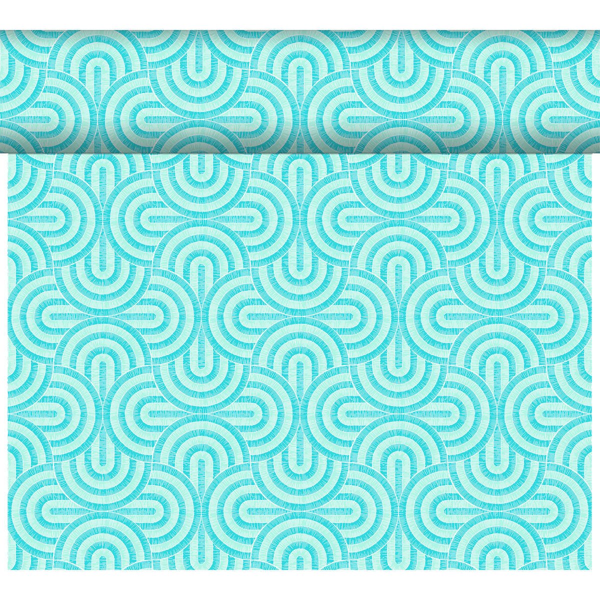 A partially unrolled roll of the DC-Tete a Tete 0.4x24m wallpaper by Duni GmbH displays a geometric retro pattern of concentric arches and circles in teal and white against a white background. It is weather-resistant for added durability.