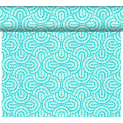 A partially unrolled roll of the DC-Tete a Tete 0.4x24m wallpaper by Duni GmbH displays a geometric retro pattern of concentric arches and circles in teal and white against a white background. It is weather-resistant for added durability.