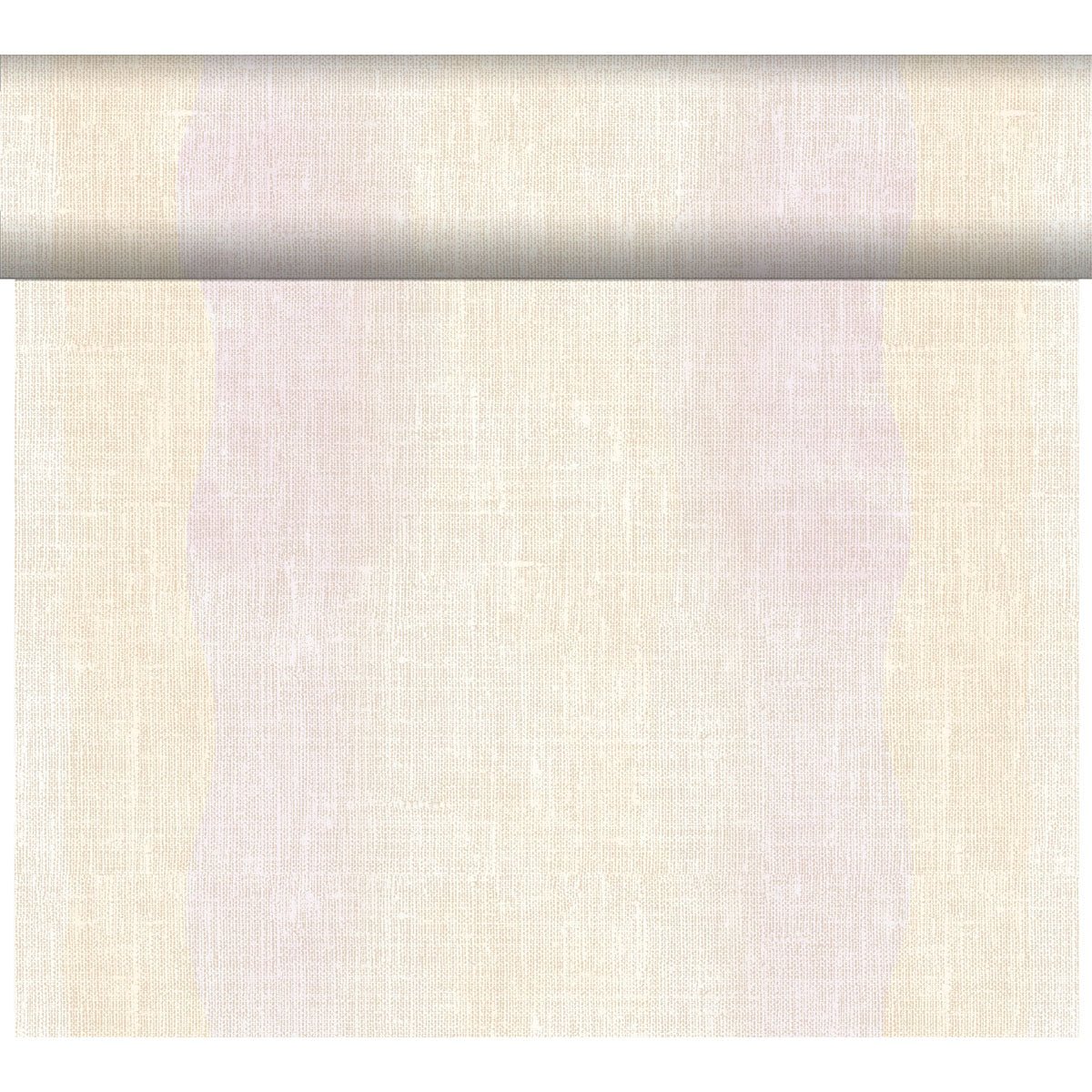 A roll of Duni GmbH Dunicel table runner Tête-à-Tête (24 m x 0.4 m, 20 sections) in light beige is partially unrolled to showcase its elegant weave texture as a stylish table decoration against a plain white background.