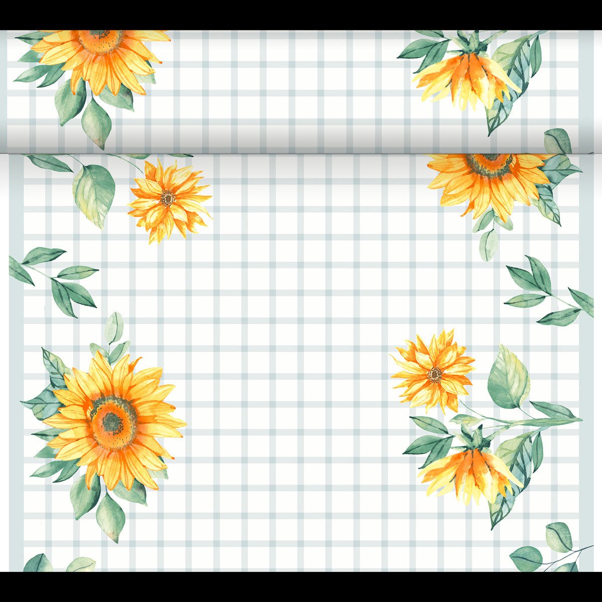 The DC-Tete a Tete 0.4x24m by Duni GmbH features a white background with a light gray grid and yellow sunflowers with green leaves in each corner, creating a decorative border reminiscent of summer.