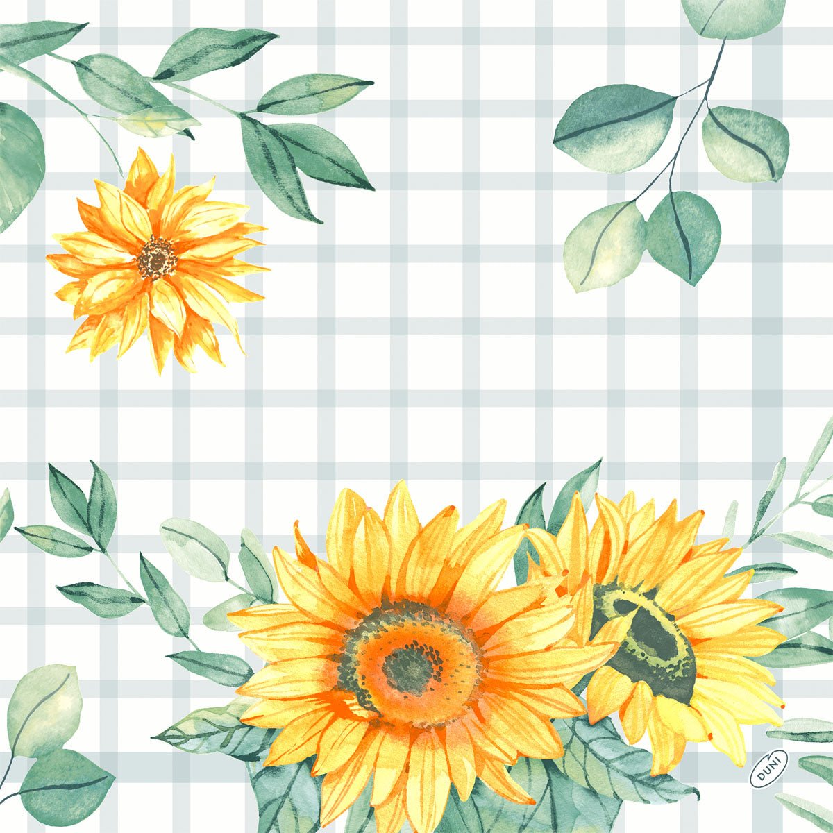 Classic sunflower seeds, 40x40 cm paper napkins from Duni GmbH with watercolor sunflowers and green leaves on a blue-white checkered background. Contains two large, one small flower and scattered branches. Pack of 50 pieces.