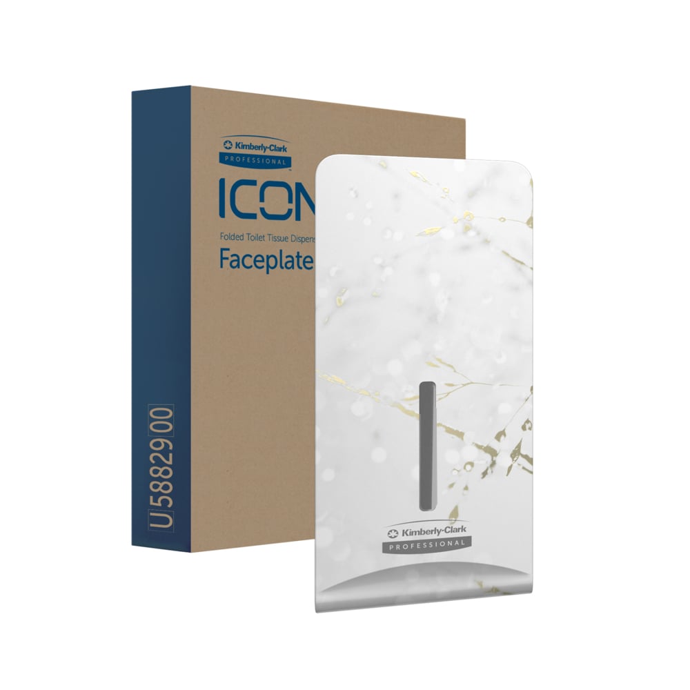 A rectangular box labeled "Kimberly-Clark Professional™ Icon™ Dispenser Faceplate - FTT, 27.80 cm x 13.10 cm x 1.40 cm" stands behind a white-gold marbled faceplate with a slot, both trademarks of Kimberly-Clark GmbH - perfect for modern washrooms.