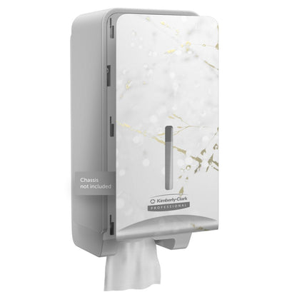 A Kimberly-Clark Professional™ Icon™ Dispenser Faceplate - FTT (27.80 x 13.10 x 1.40 cm) in white and golden marble, by Kimberly-Clark GmbH, is mounted on the wall, with a white paper towel partially dispensed; "Chassis not included." Ideal for washroom setup.