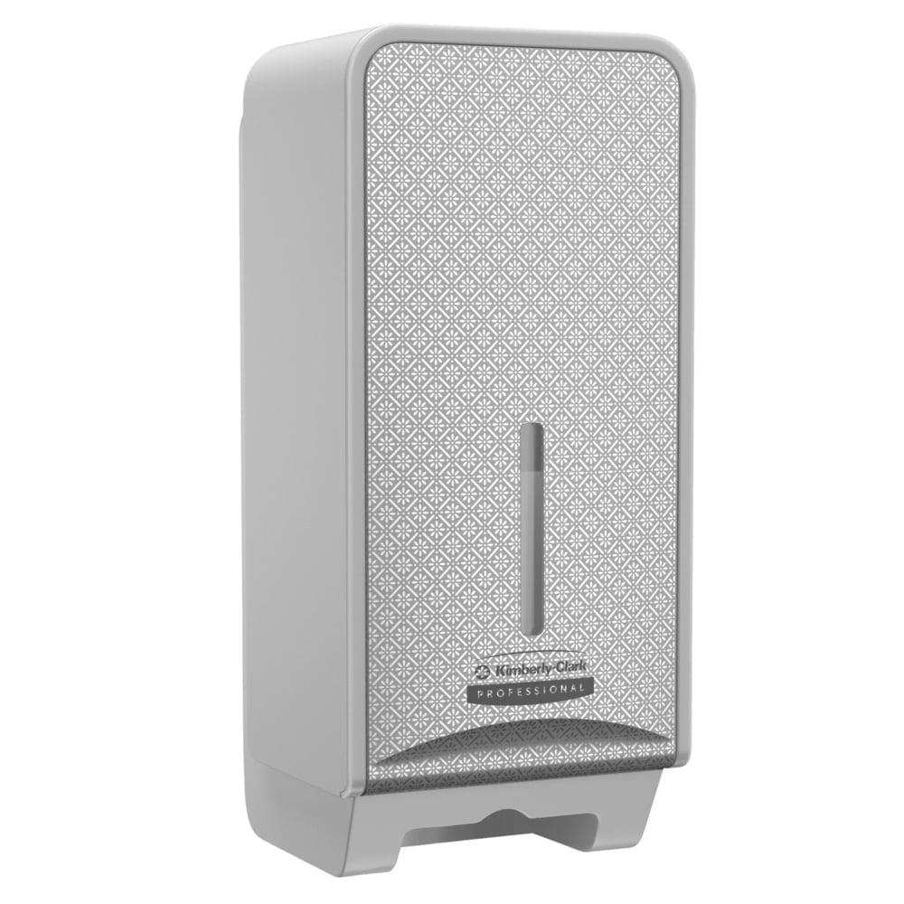 The Kimberly-Clark Professional™ Icon™ toilet paper dispenser for folded toilet paper (32x14.5x13.8 cm) is wall-mounted, rectangular, with a patterned front panel, viewing window, and dispensing slot at the bottom. Brand: Kimberly-Clark GmbH.