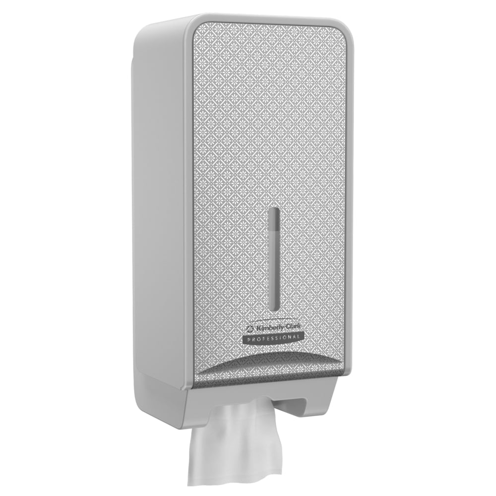 The Kimberly-Clark Professional™ Icon™ toilet paper dispenser (folded, 32x14.5x13.8 cm) from Kimberly-Clark GmbH features a patterned front, a transparent window, and dispenses individual sheets - ideal for any washroom.