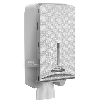 The Kimberly-Clark Professional™ Icon™ Dispenser Faceplate - FTT by Kimberly-Clark GmbH (27.80 cm x 13.10 cm x 1.40 cm) has a patterned front, a slot for paper level, a towel dispenser, and the inscription "Chassis not included." Ideal for high-quality washroom setups.