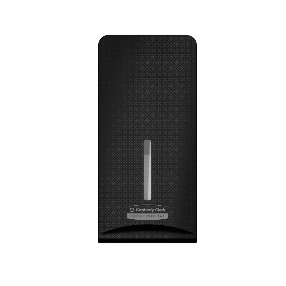 The Kimberly-Clark Professional™ Icon™ Dispenser Faceplate - FTT (27.80 x 13.10 x 1.40 cm) by Kimberly-Clark GmbH features a textured black design with a vertical window, ideal for modern washrooms, isolated on white.