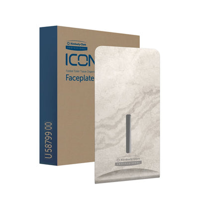 The Kimberly-Clark Professional™ Icon™ Dispenser Faceplate - FTT (27.80 x 13.10 x 1.40 cm) by Kimberly-Clark GmbH in beige marble is pictured with its brown and blue packaging and fits perfectly with modern washroom setups.