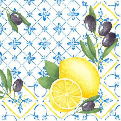 Watercolor illustration of lemons, olives, and blue-white floral geometric tiles on Duni GmbH classic napkins 40 x 40 cm, 4-ply, embossed, 1/4 fold.