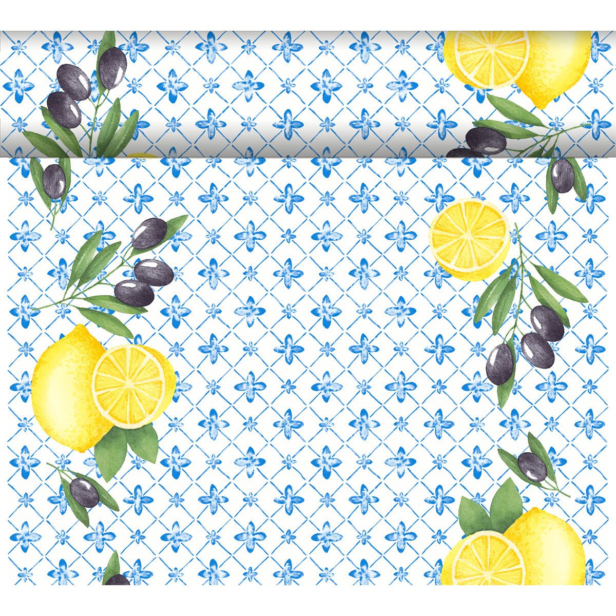 The Dunicel table runner Tête-à-Tête 24 m x 0.4 m by Duni GmbH features a blue floral lattice with lemons, green leaves, and black olives - ideal for an elegant table decoration.