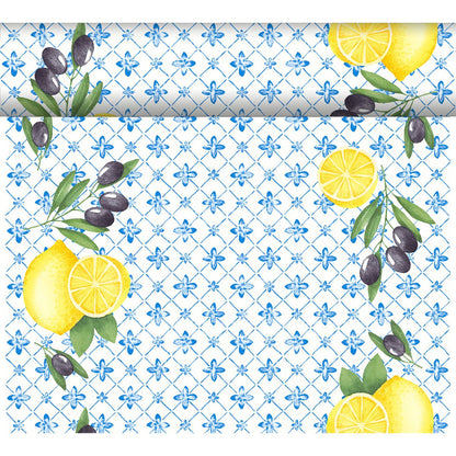 The Dunicel table runner Tête-à-Tête 24 m x 0.4 m by Duni GmbH features a blue floral lattice with lemons, green leaves, and black olives - ideal for an elegant table decoration.