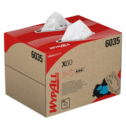 A BRAG™ cardboard box from Kimberly-Clark GmbH labeled "WypAll® X60 General Clean" (41.80 x 28.30 cm) displays two protruding tissues with red and black printing, product information, illustrations, and the number 6035 on the sides.