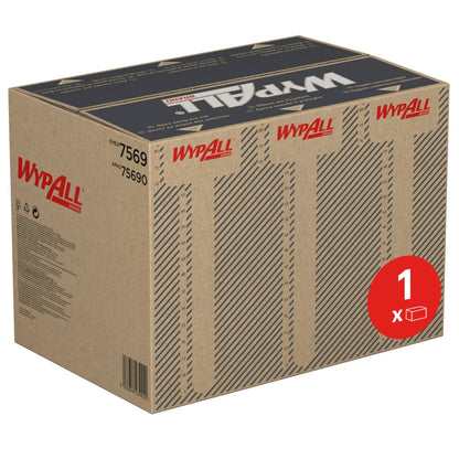 A brown carton from Kimberly-Clark GmbH with "WypAll" lettering contains WypAll® ForceMax wipes, blue, quarter-folded, 33.50x34.50cm-1 dispenser carton (480 sheets). With red circle "1 x", product numbers and repeated WypAll logos on the top.