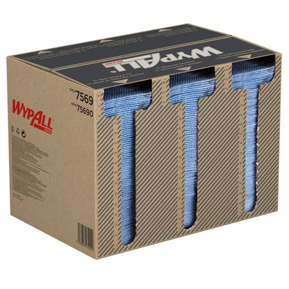 The Kimberly-Clark GmbH WypAll® ForceMax wipes, blue, quarter-folded (33.50 x 34.50 cm), come in a dispenser box with 480 wipes and are ideal for industrial cleaning; carton displays product name and number 75690.