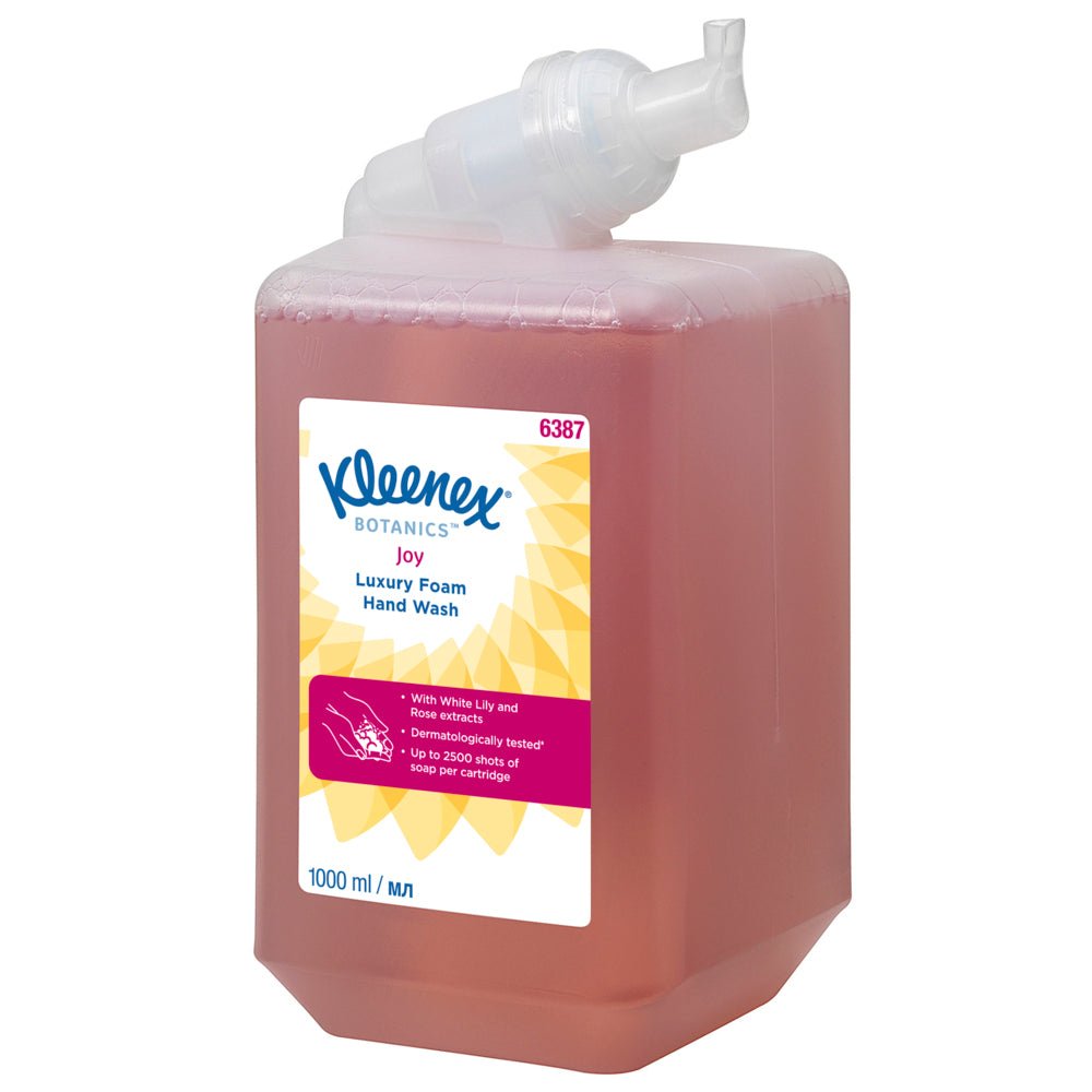 A 1L Kleenex® Botanics™ Luxury Foam Hand Wash cassette (red, dermatologically tested) from Kimberly-Clark GmbH, suitable for dispensers; the package contains 6 cartridges.