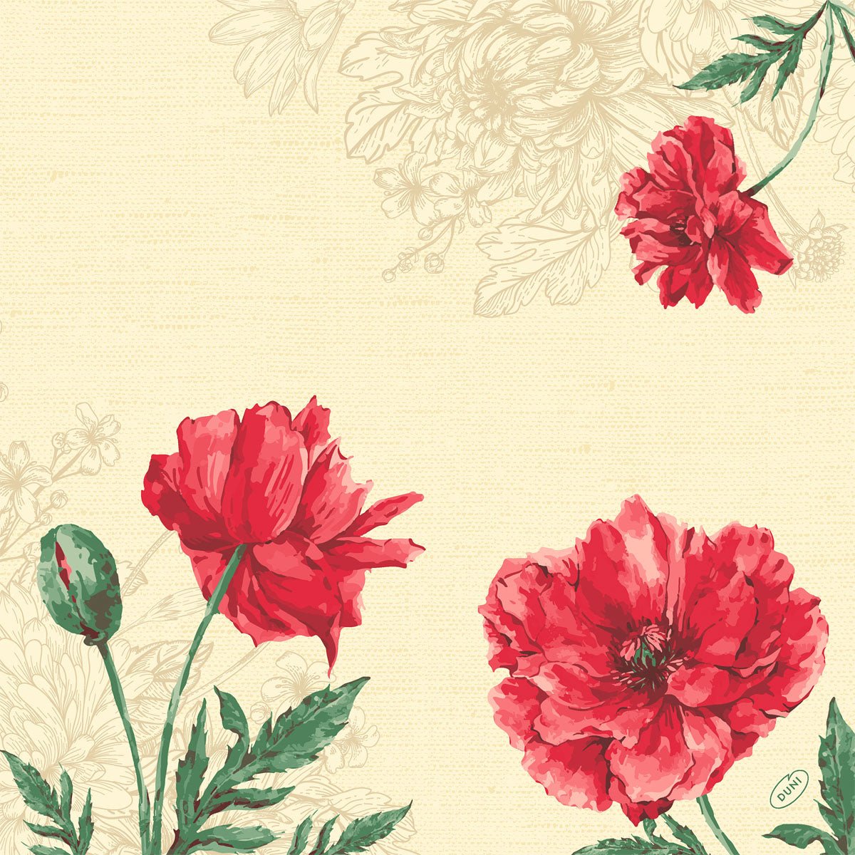 Illustration of three red poppies with green leaves and a bud on beige with subtle floral corner lines - ideal for Duni GmbH classic napkins 40 x 40 cm 4-ply, embossed 1/4 fold.
