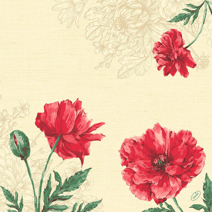 Illustration of three red poppies with green leaves and a bud on beige with subtle floral corner lines - ideal for Duni GmbH classic napkins 40 x 40 cm 4-ply, embossed 1/4 fold.