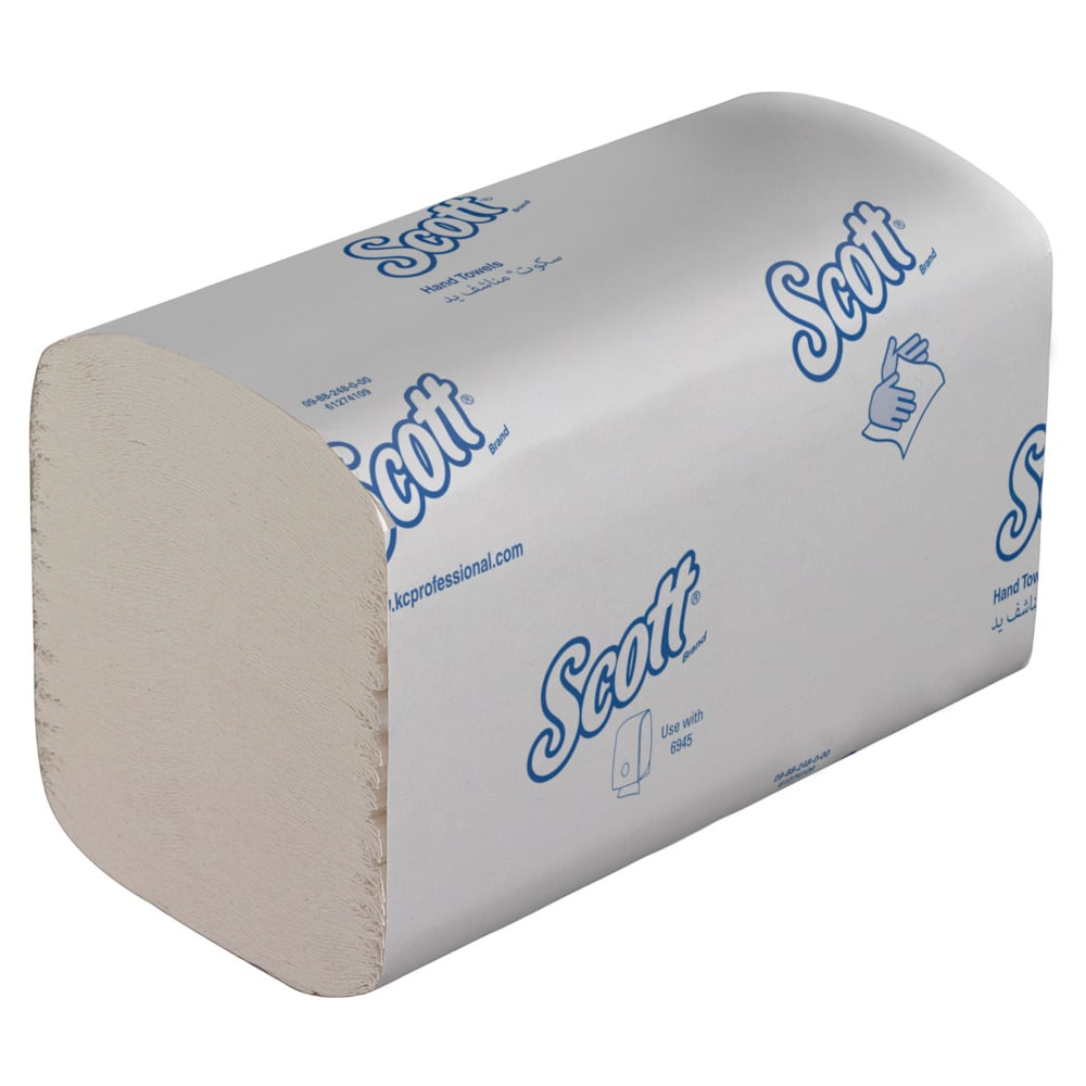 A carton with Scott® Essential™ Hand Towels - interfold, white, small (15 packs x 340 towels) from Kimberly-Clark GmbH, packaged in a white carton with blue branding and symbols for hygienic hand drying.
