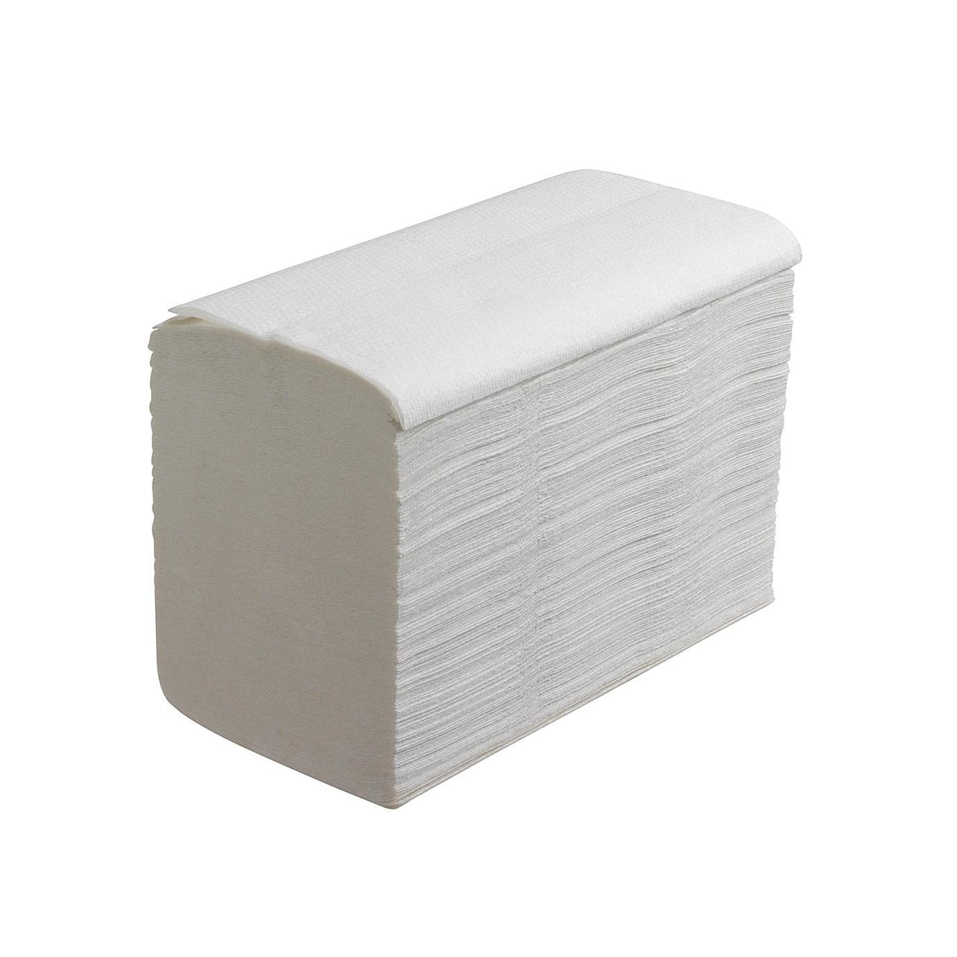 A stack of Scott® Essential™ Hand Towels - interfold / White / Small (15 clips x 340 sheets) from Kimberly-Clark GmbH is arranged rectangularly, with one towel slightly lifted, ideal for hygienic hand drying against a white background.
