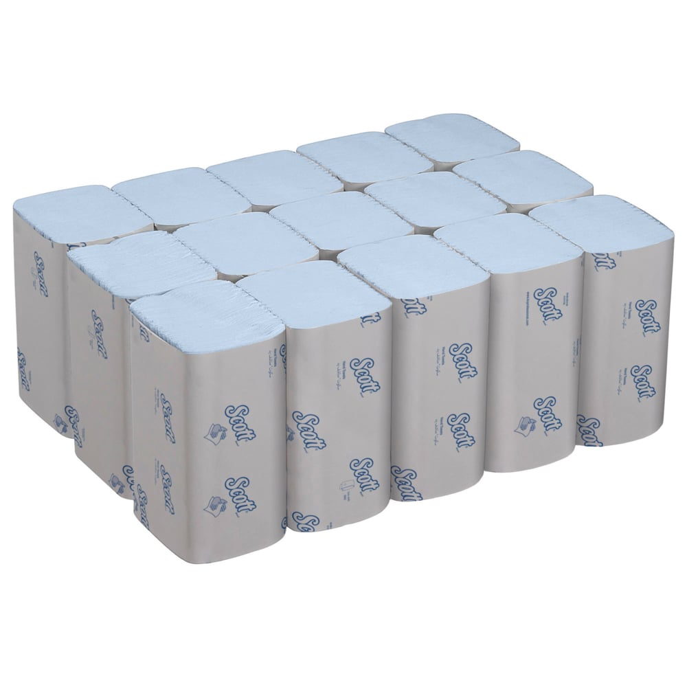 A box with 15 packs of Scott® Control™ Interfold Hand Towels, blue, medium size, from Kimberly-Clark GmbH. Each pack contains 240 sheets, stacked on a white background.