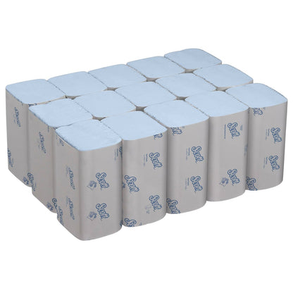A box with 15 packs of Scott® Control™ Interfold Hand Towels, blue, medium size, from Kimberly-Clark GmbH. Each pack contains 240 sheets, stacked on a white background.