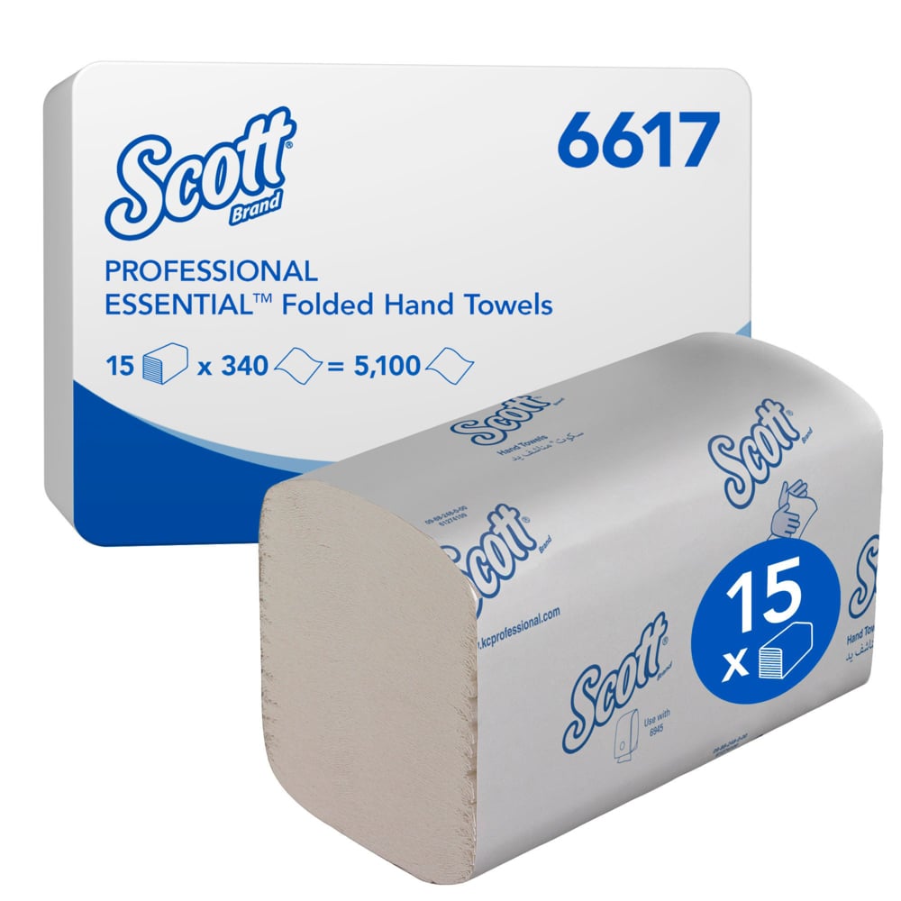 A box of Scott® ESSENTIAL™ Interfold Hand Towels (white, small) from Kimberly-Clark GmbH contains 15 packs, each with 340 sheets, packaged in branded packaging and labeled with product information and quantity.