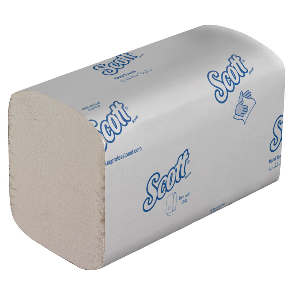 Scott® ESSENTIAL™ Interfold Hand Towels, White, Small (15 x 340 sheets) from Kimberly-Clark GmbH in a box: hygienically packaged with blue Scott logo. Perfect for high-traffic washrooms and easy dispensing from dispensers.