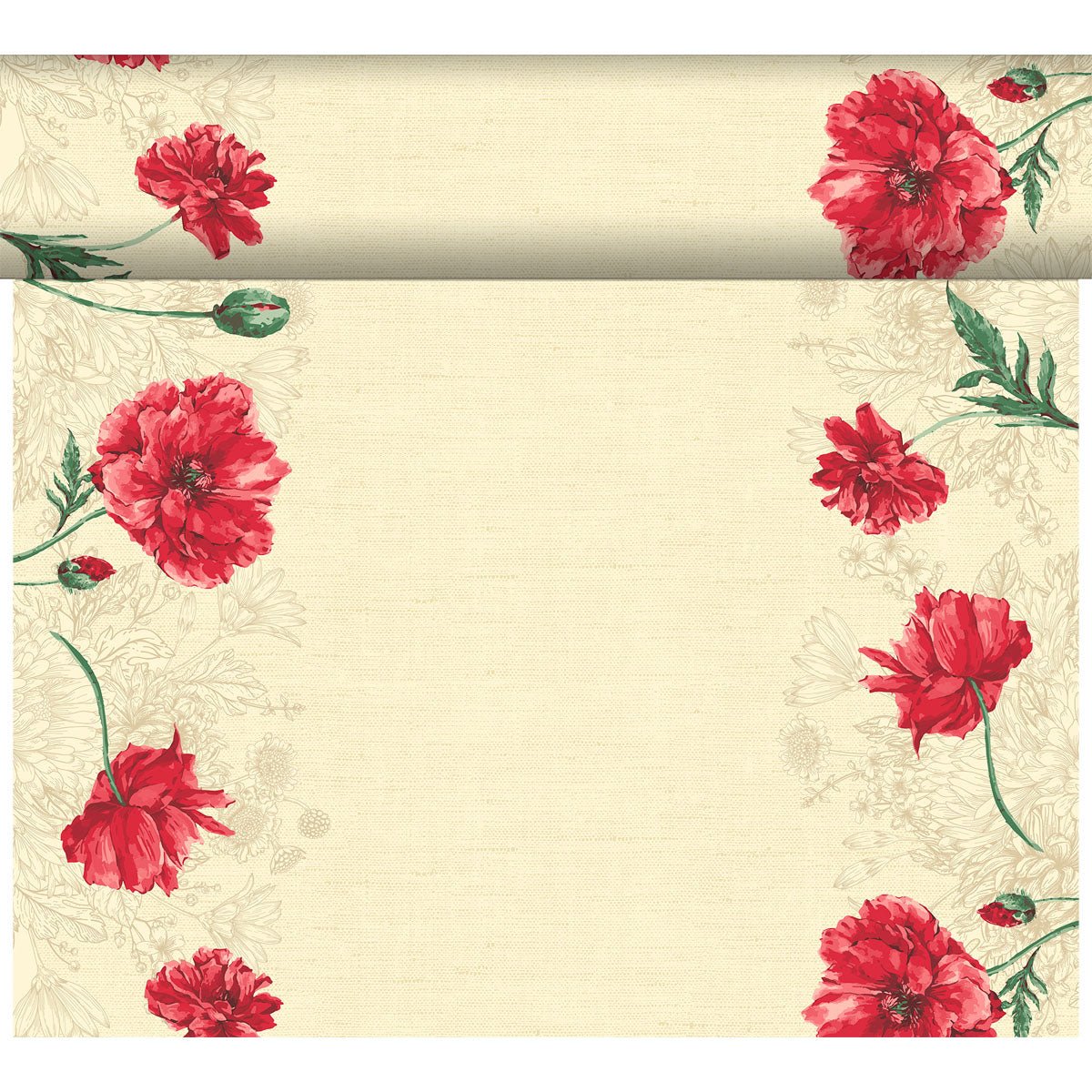 The Dunicel table runner Tête-à-Tête 24 m x 0.4 m (20 sections) by Duni GmbH has a beige background with red poppies and green stems at the edges, ideal for an elegant table decoration or a charming Tête-à-Tête setting.