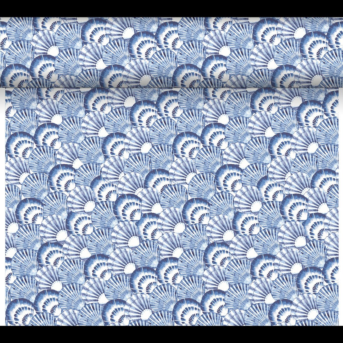 The Dunicel table runner Tête-à-Tête by Duni GmbH is a 24 m x 0.4 m roll with 20 sections and features a blue-white fan pattern for an inviting table decoration with marine themes.