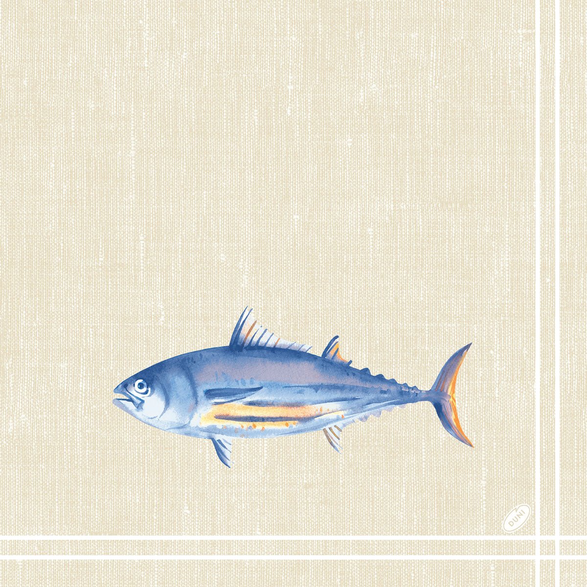On the classic napkins 40 x 40 cm 4-ply, embossed 1/4 fold by Duni GmbH is a blue-silver fish with orange accents on a textured beige background with white border lines.