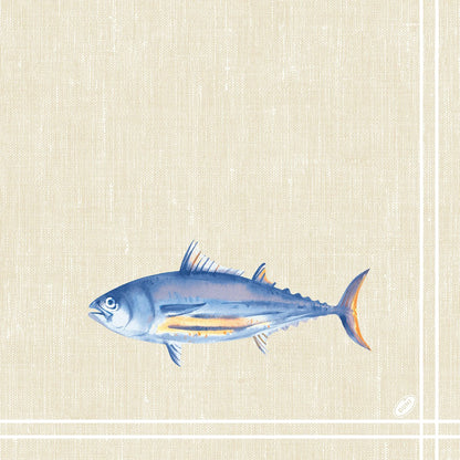 On the classic napkins 40 x 40 cm 4-ply, embossed 1/4 fold by Duni GmbH is a blue-silver fish with orange accents on a textured beige background with white border lines.
